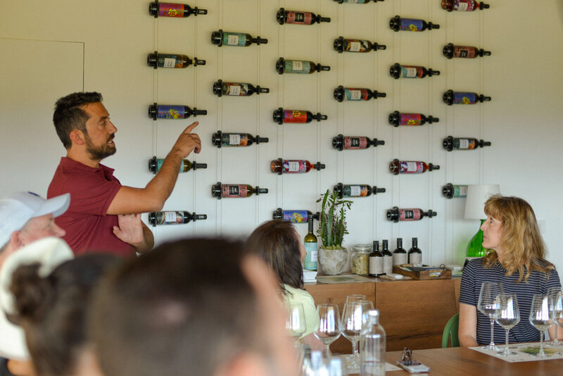 A group of people listen to a man speak about Italian wine On the Italian on Tour’s 10 day Epicurean Journey trip through Italy