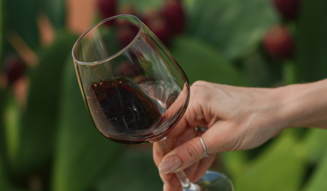 glass of red wine held by a hand