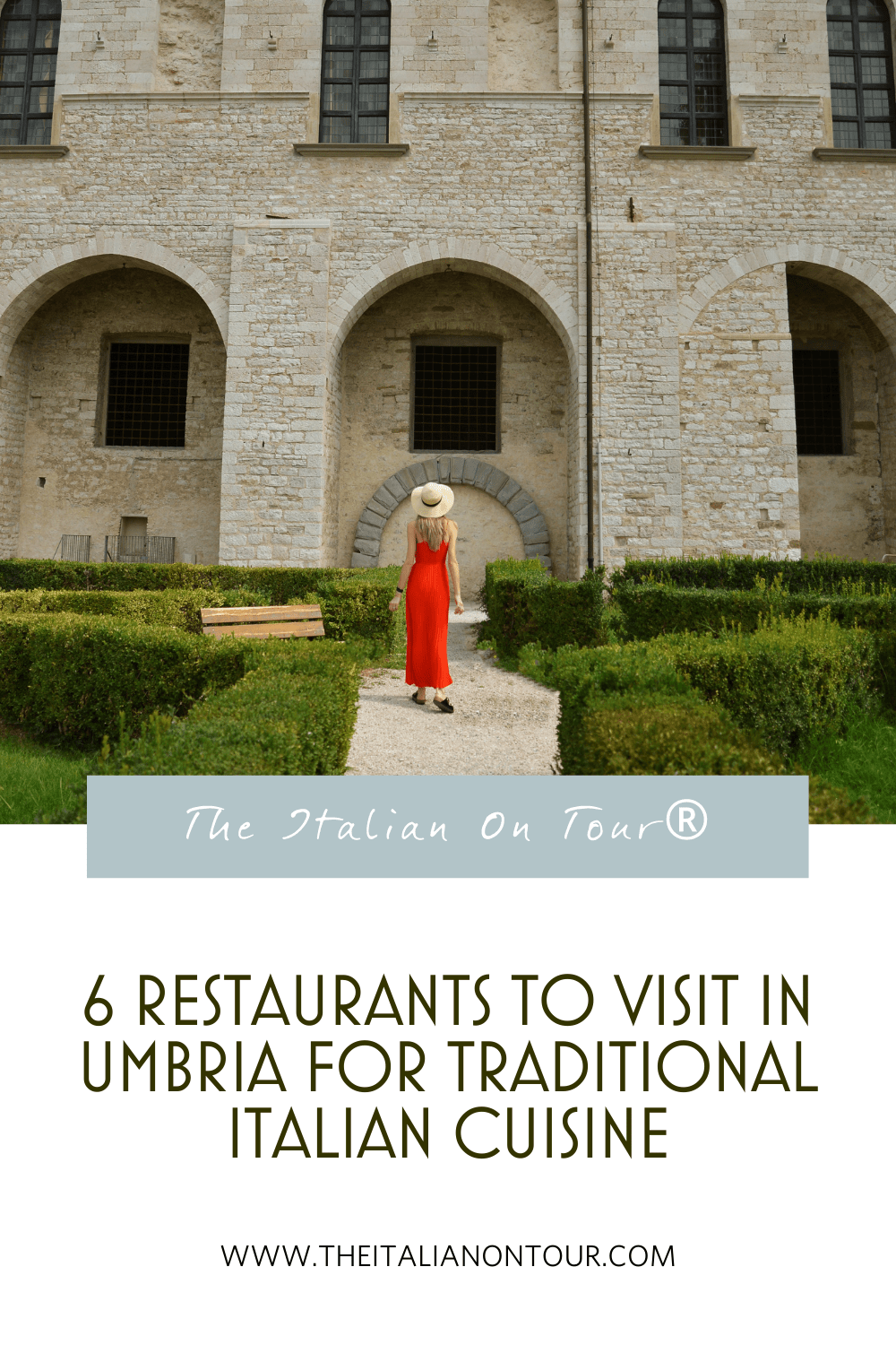 6 Restaurants to Visit in Umbria for Traditional Italian Cuisine Pinterest Pin of a woman in a Red Dress in Umbria