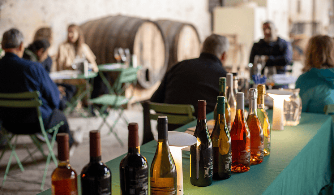 a group of tour guests enjoying a wine tasting in the cellar of a villa